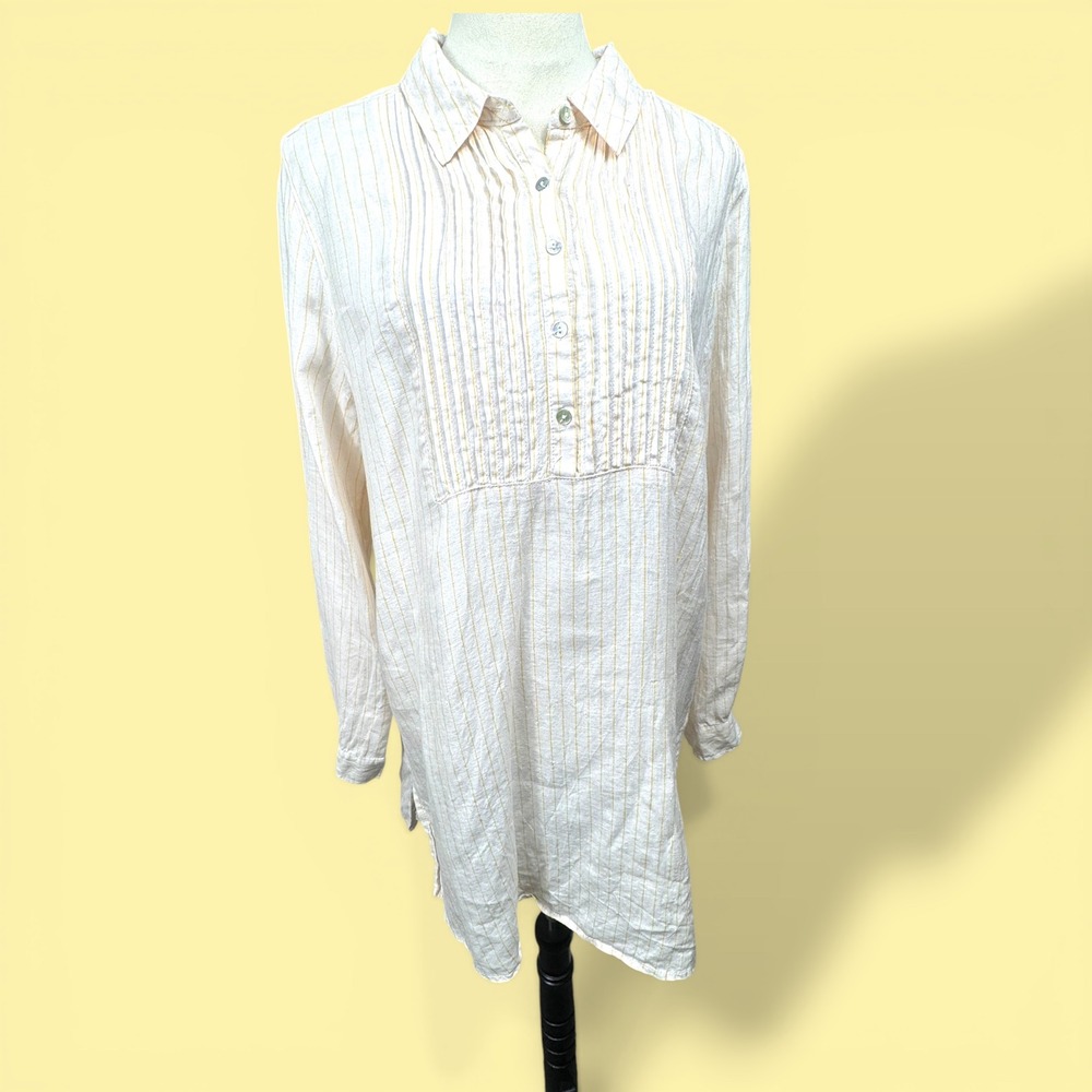 Cynthia Rowley 100% Linen Tunic Shirt Womens Large White Yellow Striped Coastal